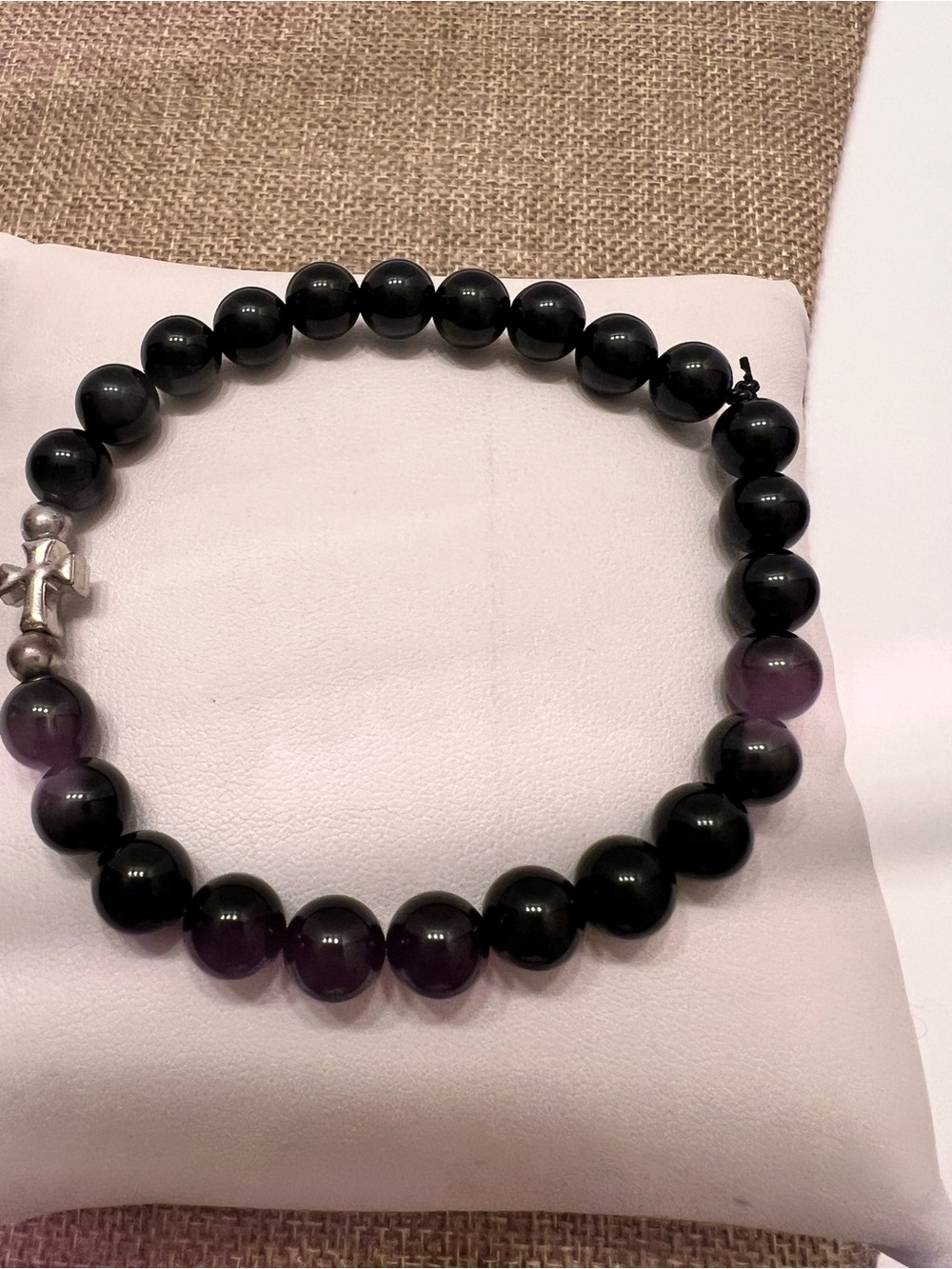Black Onyx Beaded Stretch Bracelet with Silver Cross Unisex